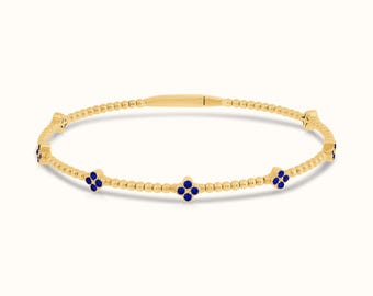 Flexible Beaded Flower Bangle 0.45TCW Sapphire 14K Solid Gold, Flower Cluster Bracelet. Perfect Gift. Natural Sapphire Stones