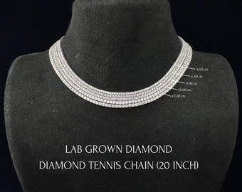 Diamond Tennis Necklace. 20 inch. 5 - 12 carats Lab Grown Diamond. 14K Solid Gold. Gift for Him & Her. With Certification.