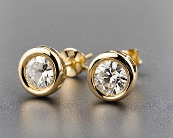 Bezel Set Lab Grown Diamond Earrings 14K Solid Gold 0.50-4 TCW E VS1 Perfect Gift for her. Diamond Studs. Passes Diamond Tester