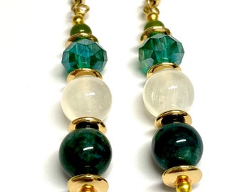 Bloodstone, Selenite & Green Crystal Earrings