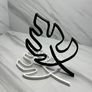 Könnte beinhalten: Zwei Monstera-Blattformen, übereinander. Das obere Blatt ist schwarz und das untere Blatt ist weiß.