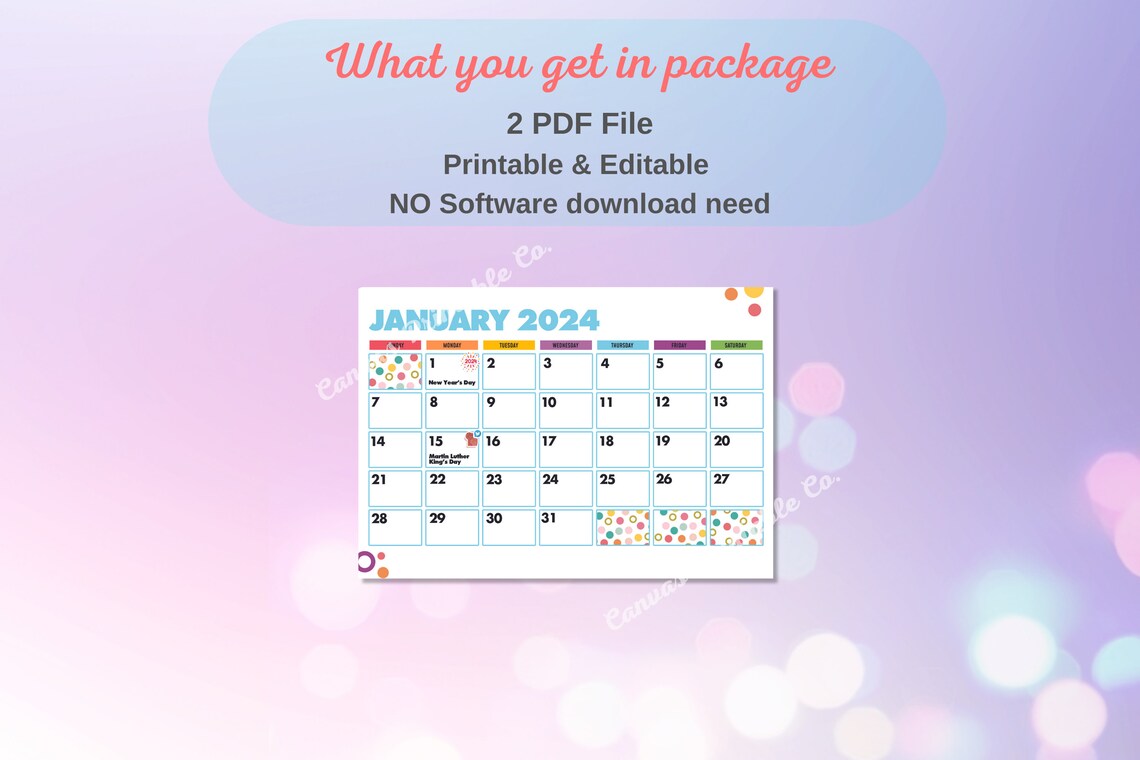 Printable Calendars 2024 Editable Colorful Dot Calendars 2024 Kids