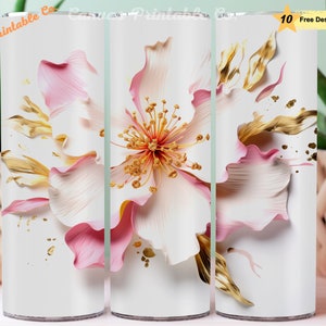 Fiore bianco Tumbler Wrap Sublimazione 20 once Skinny Dritto Tumbler Wrap 3D Oro rosa Fiore 3D Look Paper Art 300 dpi DIGITAL PNG CP1084