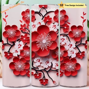 Tumbler biologico prugna rossa sublimazione tumbler dritto magro da 20 once Capodanno lunare fiori rossi arte della carta aspetto 3D 300 dpi DIGITAL PNG CP1391