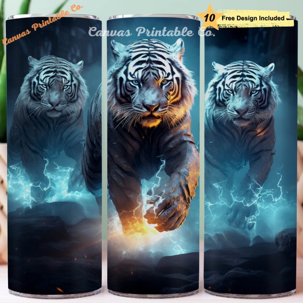 Thunder Tigers Tumbler Wrap Sublimation 20oz Skinny Straight Tumble Neon Lighting Tigers Fantasy Ink Art 3D Look 300 dpi DIGITAL PNG CP1310