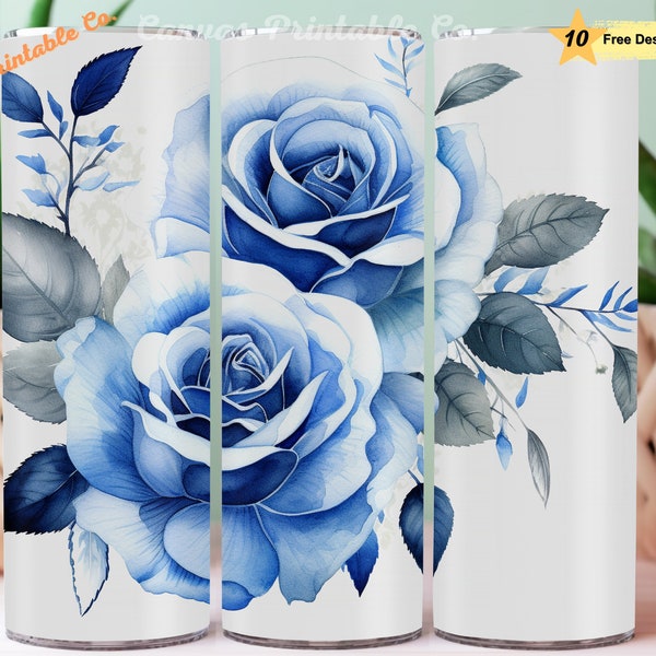 Blue Rose Tumbler Wrap Sublimation 20oz Skinny Straight Tumbler Wrap Watercolor 3D Blue Rose Flowers 3D Look Art 300 dpi DIGITAL PNG CP1081