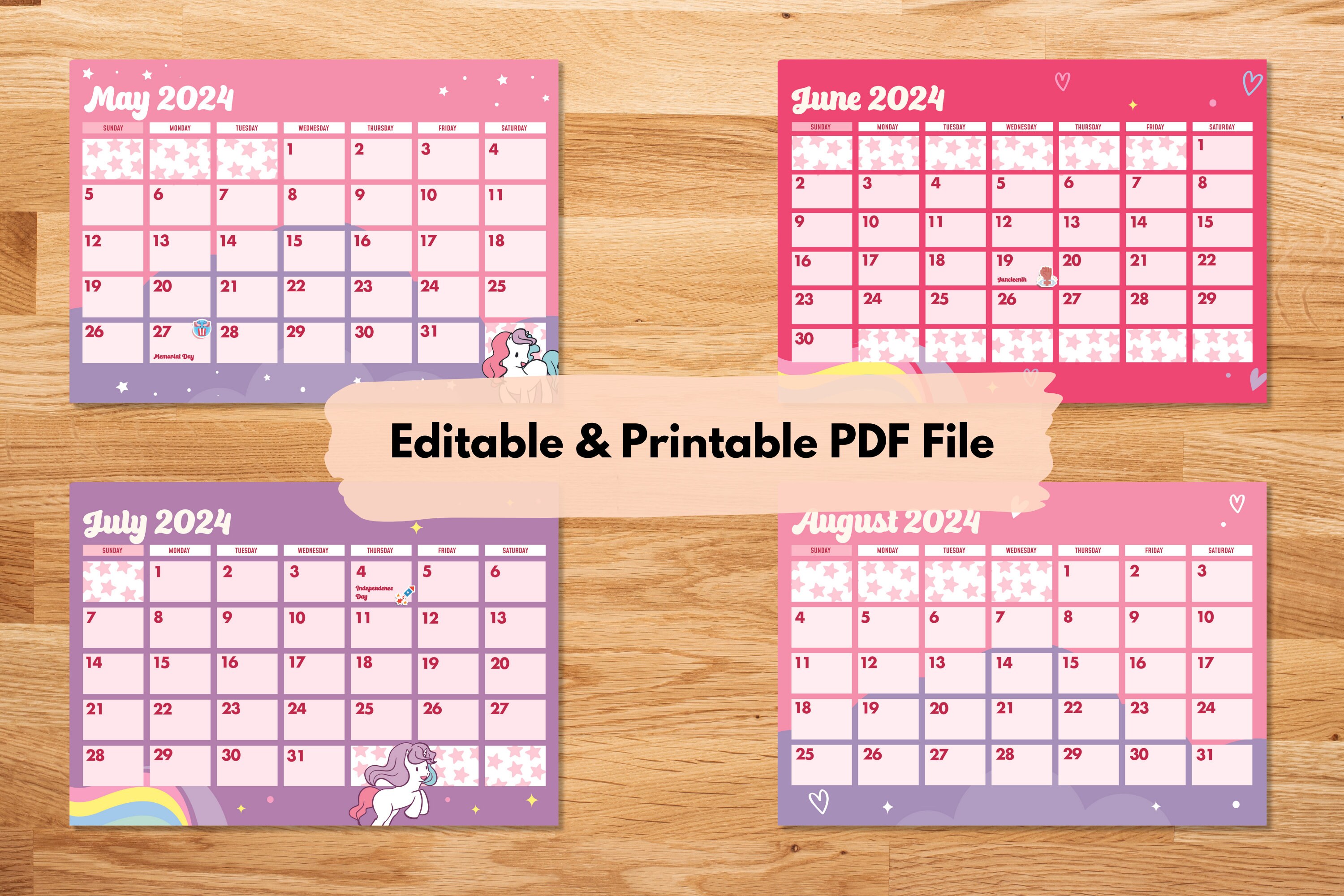 Unicorn Printable Calendars 2024 Editable Pink Cute Unicorn Calendars