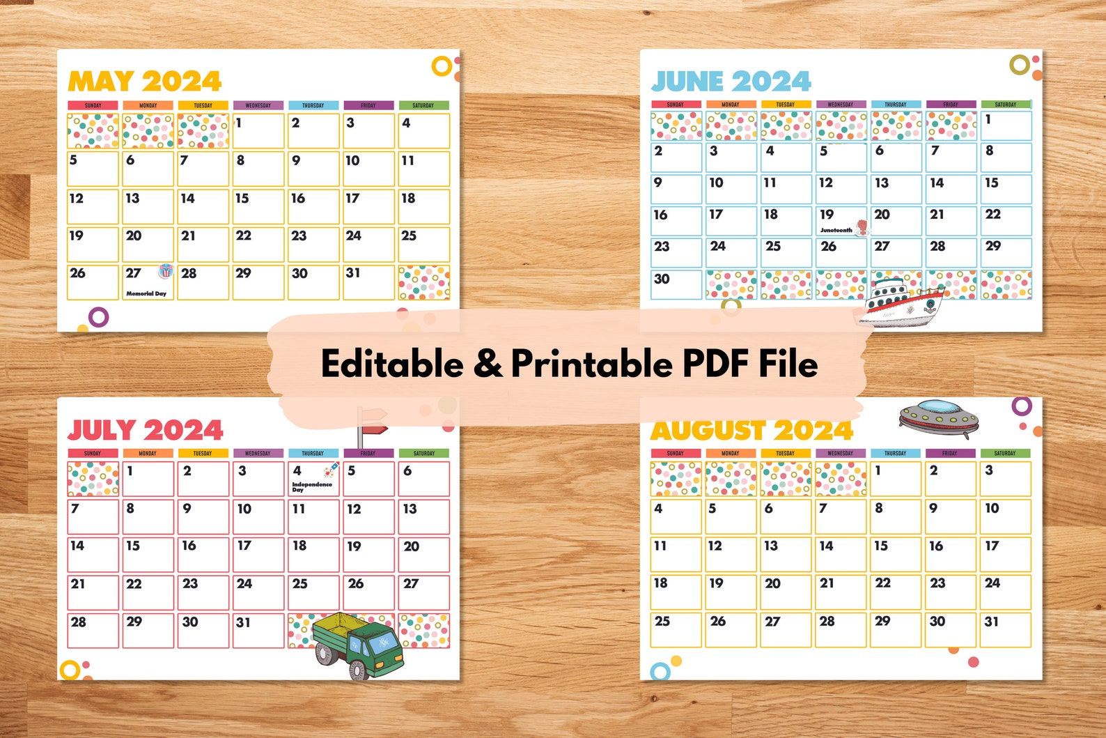 Printable Calendars 2024 Editable Colorful Dot Calendars 2024 Kids