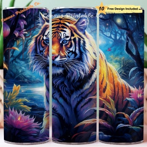 Tiger in Moon Night Tumbler Wrap Sublimation 20oz Skinny Straight Tumble Colorful Neon Tiger Moon Night 3D Look 300 dpi DIGITAL PNG CP1250