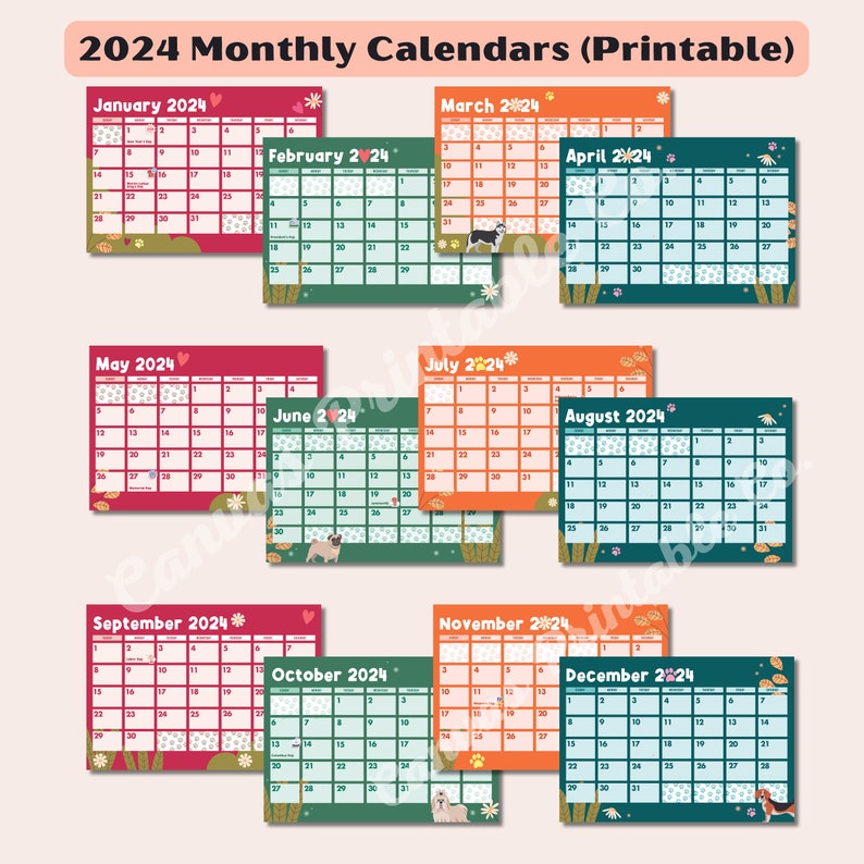 Dogs Printable Calendars 2024 Editable Cute Dogs for Boy Calendars 2024