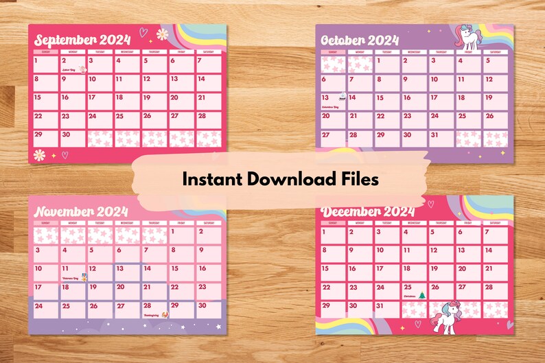 Unicorn Printable Calendars 2024 Editable Pink Cute Unicorn Calendars