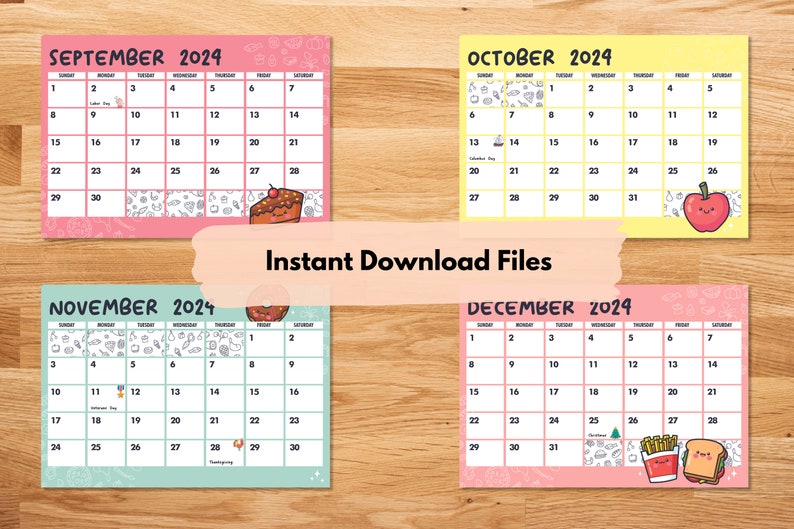Cute Food Printable Calendars 2024 Editable Cute Food Calendars 2024