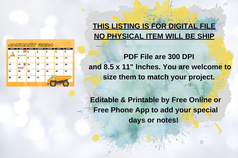 Printable Calendars 2024 Editable Construction Vehicles Calendars 2024