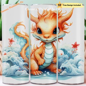 Cute Dragon Tumbler Wrap Sublimation 20oz Skinny Straight Tumbler Cute Golden Dragon Watercolor Art 3D Look 300 dpi DIGITAL PNG CP1330