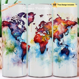 Weltkarte Tumbler Wrap Sublimation 20 Unzen Skinny Straight Tumble Bunte Weltkarte Natürliche Aquarell Kunst 300 dpi DIGITAL PNG CC1216