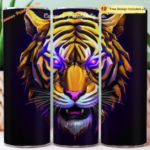 Tiger Tumbler Wrap Sublimation 20oz Skinny Straight Tumble 3D Purple Neon Tiger Head Fantasy Oil Paint 3D Look 300 dpi DIGITAL PNG CP1403