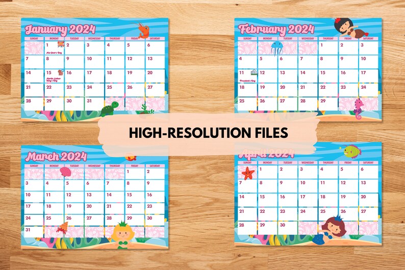 Mermaid Printable Calendars 2024 Editable Sea Mermaid Calendars 2024