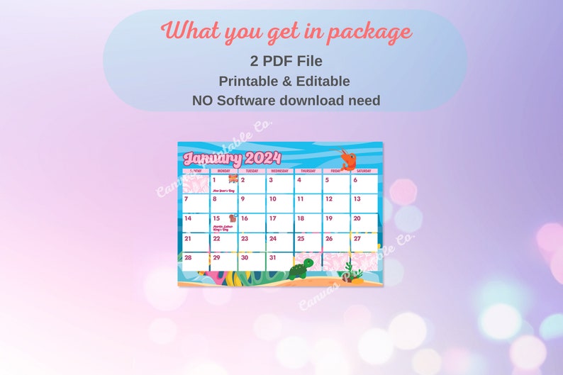 Mermaid Printable Calendars 2024 Editable Sea Mermaid Etsy Canada