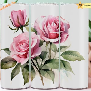 Pink Rose Tumbler Wrap Sublimation 20oz Skinny Straight Tumbler Wrap Watercolor 3D Pink Rose Flowers 3D Look Art 300 dpi DIGITAL PNG CP1082