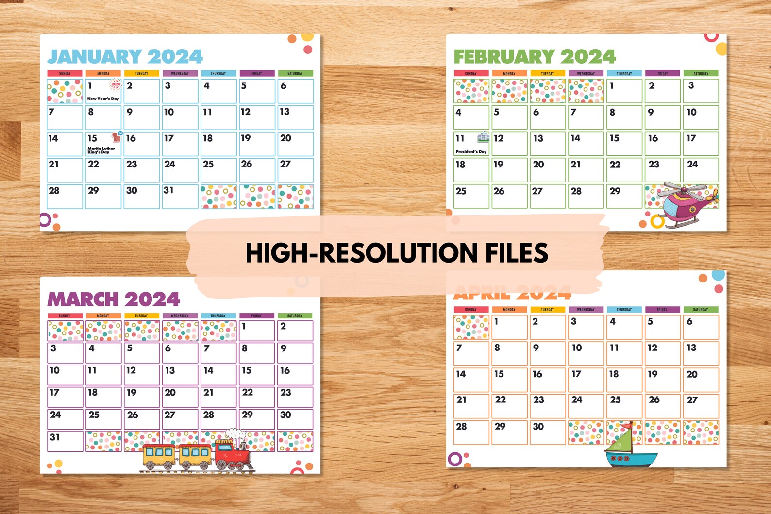 Printable Calendars 2024 Editable Colorful Dot Calendars 2024 Kids