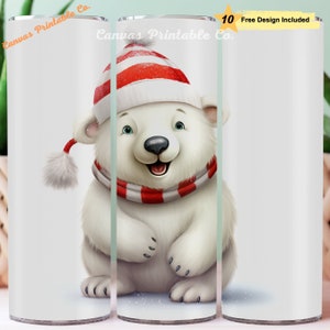 Kerst ijsbeer tuimelaar wrap sublimatie 20oz skinny rechte tuimelaar wrap baby ijsbeer kerst rode hoed 300 dpi digitale PNG CP1100