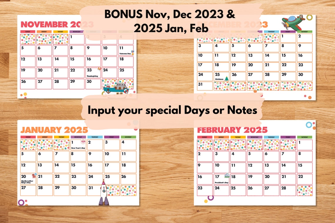 Printable Calendars 2024 Editable Colorful Dot Calendars 2024 Kids