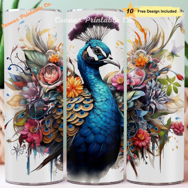 Peafowl Peacock Tumbler Wrap Sublimation 20oz Skinny Straight Tumbler Colorful Peacock Flowers Peafowl 3D Look 300 dpi DIGITAL PNG CP1328