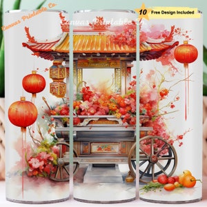Chinese New Year Flower Cart Tumbler Wrap Sublimation 20oz Skinny Straight Tumbler Lunar Year of Dragon 3D Look 300 dpi DIGITAL PNG CP1446
