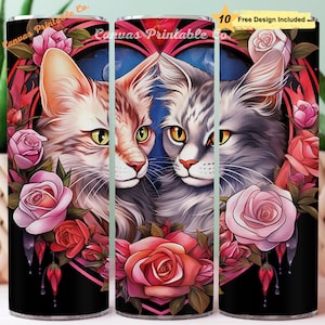 Cats Heart Tumbler Wrap Sublimation 20oz Skinny Straight Tumble Valentine&#39;s Day Cats Couple Rose Black 3D Look 300 dpi DIGITAL PNG CP1430