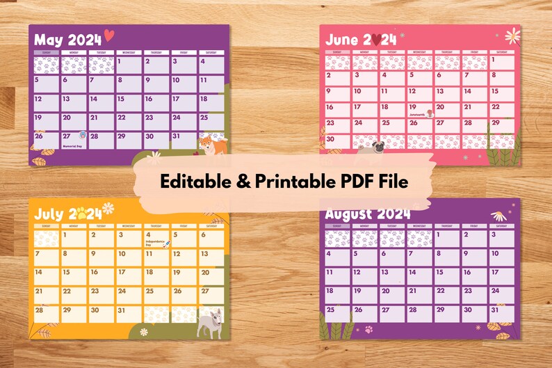 Dogs Printable Calendars 2024 Editable Cute Dogs for Girl Etsy Australia