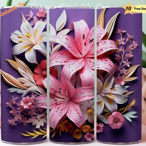 Fiori Tumbler Wrap Sublimazione 20 once Skinny Dritto Tumbler Wrap Rosa Oro Bianco Giglio Floreale Look 3D Carta Arte 300 dpi DIGITAL PNG CP1075