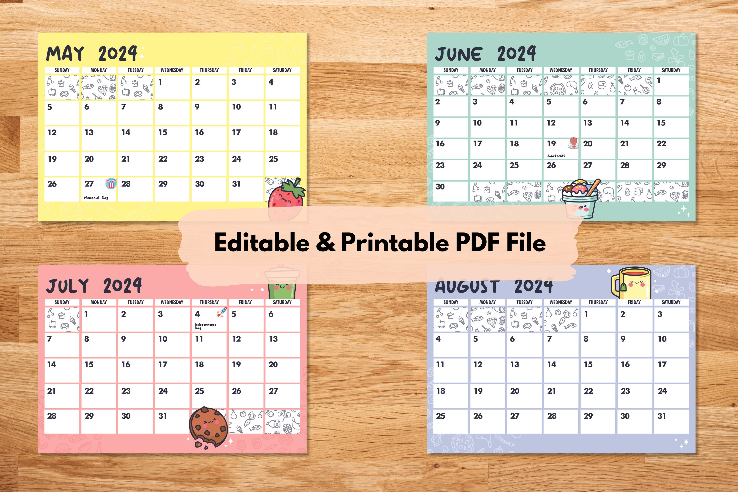 Cute Food Printable Calendars 2024 Editable Cute Food Calendars 2024