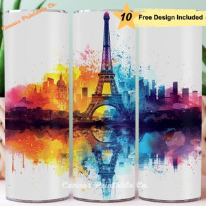 Eiffel Tower Tumbler Wrap Sublimation 20oz Skinny Straight Tumbler Watercolor Rainbow Eiffel Tower Paris 3D Look 300 dpi DIGITAL PNG CP1535