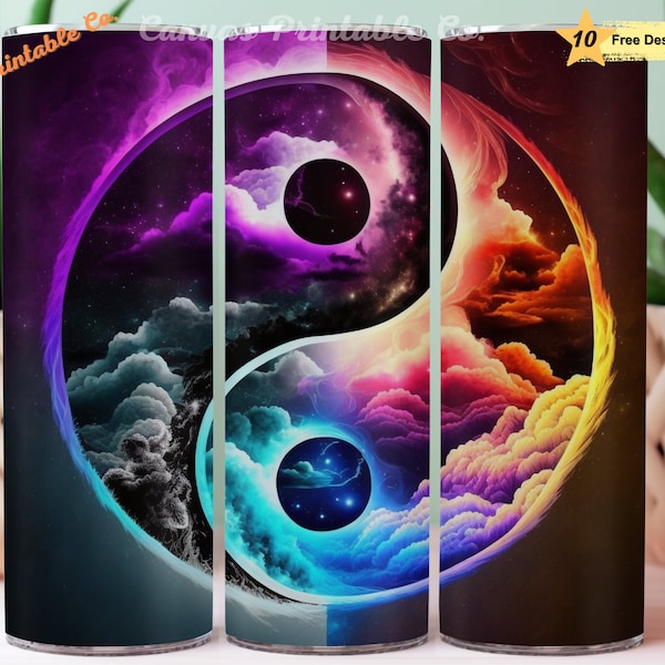 Yin Yang Tumbler Neon Sublimation 20oz Skinny Straight Neon Tumbler Wrap Day Night Sky Space Wrap Ink Art 300 dpi DIGITAL PNG CP1035