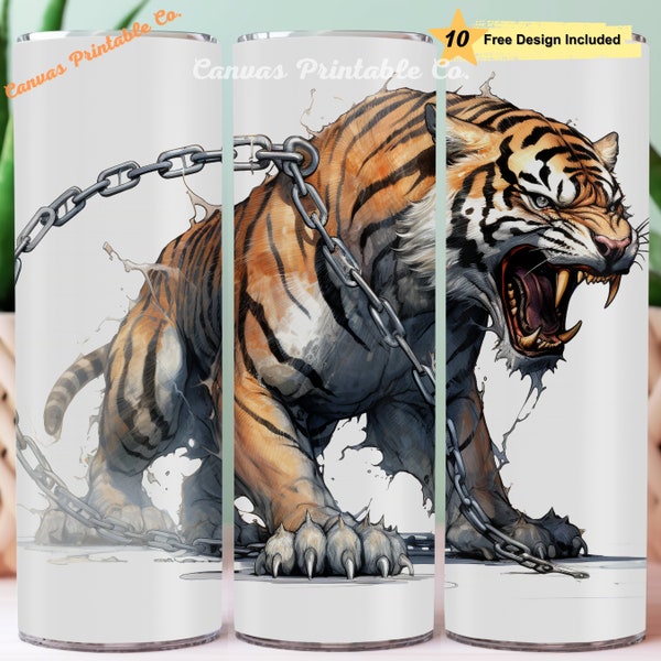 Mad Tiger Tumbler Wrap Sublimation 20oz Skinny Straight Tumbler Angry Tiger Iron Chains Right Pencil Art 3D Look 300 dpi DIGITAL PNG CP1361
