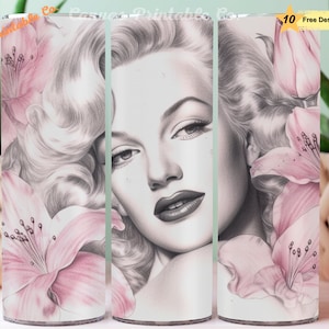 Marilyn Monroe Tumbler Flowers Sublimation 20oz Skinny Straight Pink Lily Marilyn Monroe Tumbler Wrap Ink Art 300 dpi DIGITAL PNG CP1033