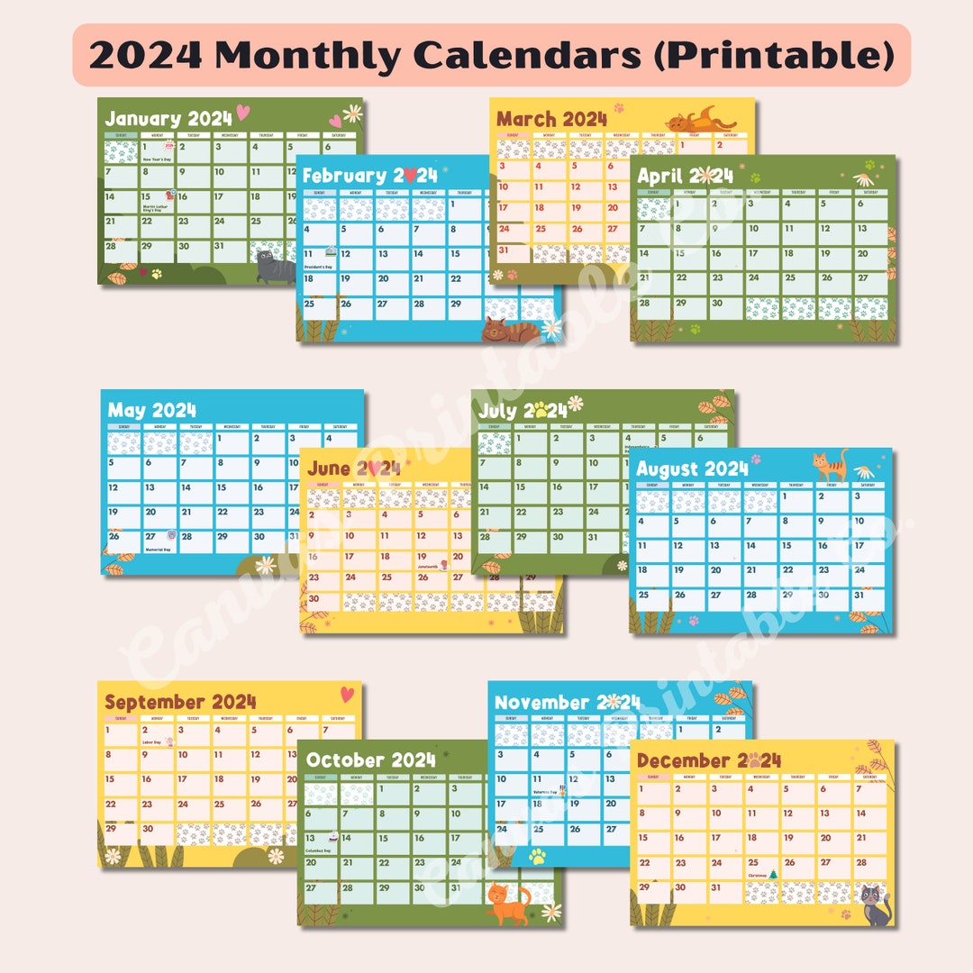 Printable Calendars 2024 Editable Cute Cat Calendars 2024 Kids