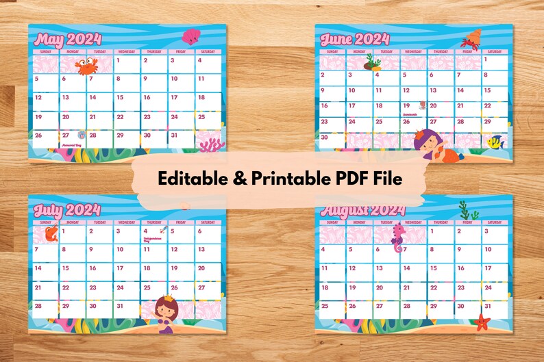 Mermaid Printable Calendars 2024 Editable Sea Mermaid Calendars 2024
