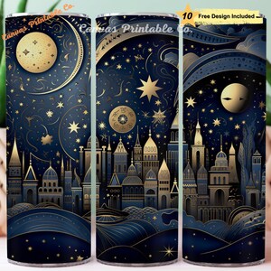 City Night Tumbler Wrap Sublimazione 20 once Skinny Dritto Tumbler Nigh City Oro Blu Luna Stella Carta Arte Look 3D 300 dpi DIGITAL PNG CP1155