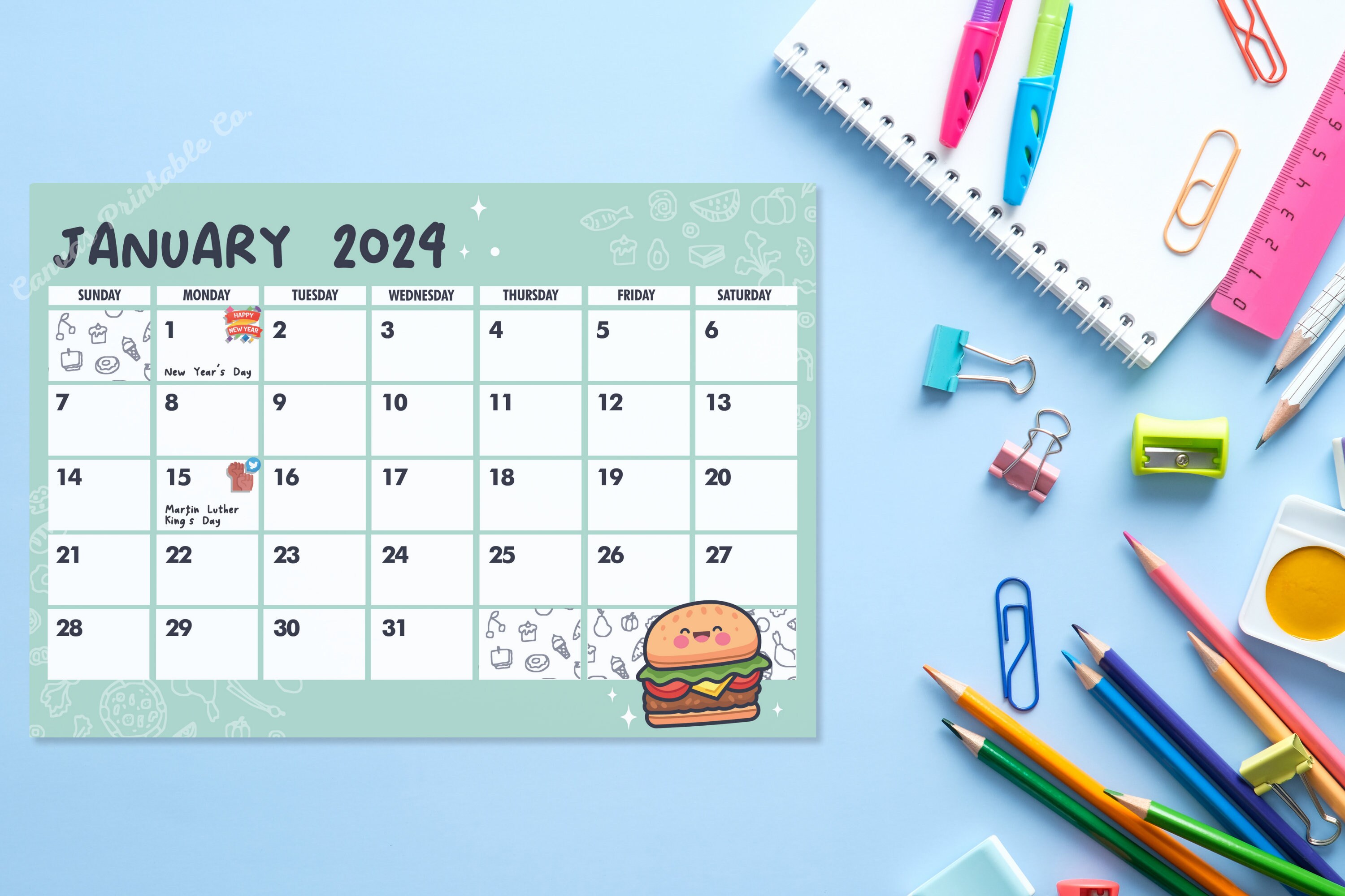 Cute Food Printable Calendars 2024 Editable Cute Food Calendars 2024
