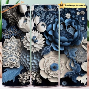 3D Blu Bianco Fiori Art Tumbler Wrap Sublimazione 20 once Skinny Dritto Tumbler Wrap Blu Bianco Fiori di carta 300 dpi DIGITAL PNG CP1132