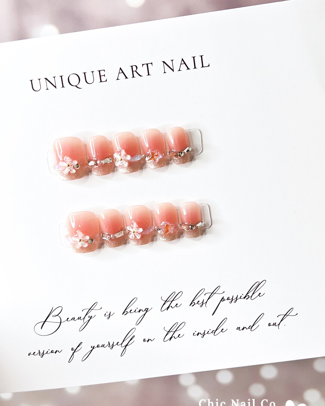 Extra Short Square Nail Set 3D Acrylic Nails Cute Flowers Diamond