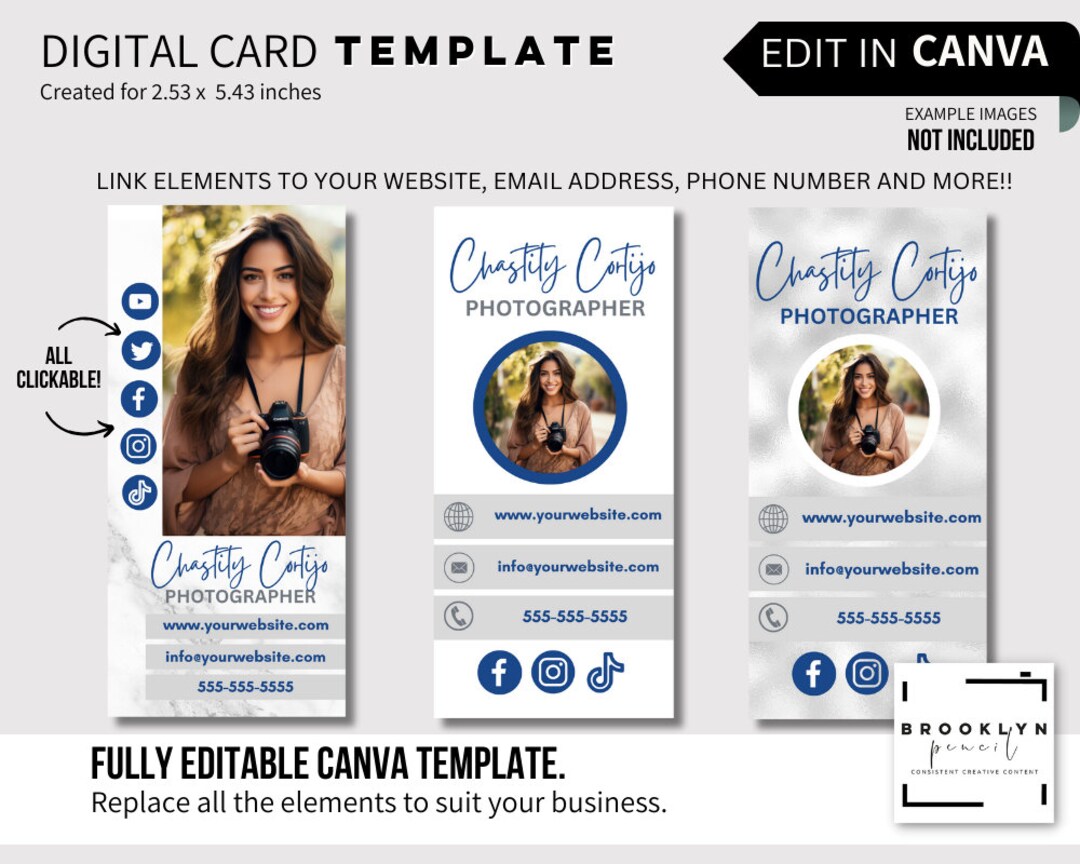 CLICKABLE Blue Silver Business Card, Edit Easily in CANVA, Text / Icons ...