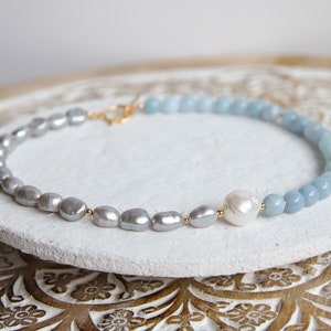 Pearl and Aquamarine Necklace, Pearl Necklace, Aquamarine Necklace, Statement necklace, Gift for Her