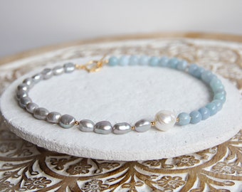 Pearls and Aquamarine Necklace, Pearl Necklace, Aquamarine Necklace, Gift for Her