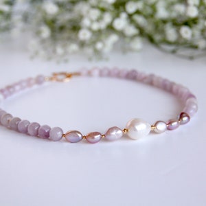 Kunzite Gemstone Necklace with Edison Pearl, Pearl Necklace, Freshwater Pearls, Pink Necklace, Gift for her, Birthday Gift