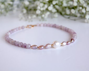 Kunzite Gemstone Necklace with Edison Pearl, Pearl Necklace, Freshwater Pearls, Pink Necklace, Gift for her, Birthday Gift