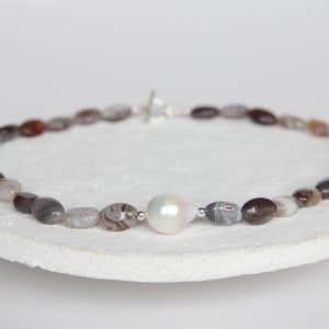 Agate necklace with Edison pearl, handmade beaded necklace, gemstone necklace with 925 sterling silver, everyday necklace