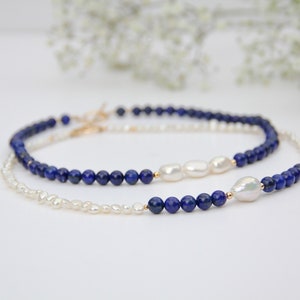 Lapis lazuli and pearl necklace set, Lapis lazuli necklace, Pearl necklace, Gemstone necklace, Handmade necklace