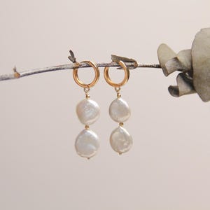 Gold Hoop Earrings: Freshwater Pearl Dangle, Elegant 14K Gold Filled